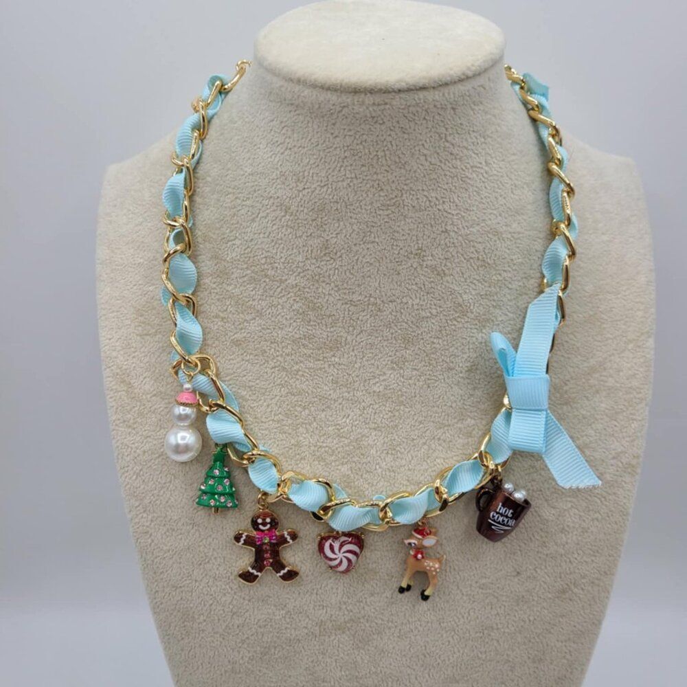 Betsey Johnson Gold Tone Blue Ribbon Christmas Charm Necklace NWT!  NEW!